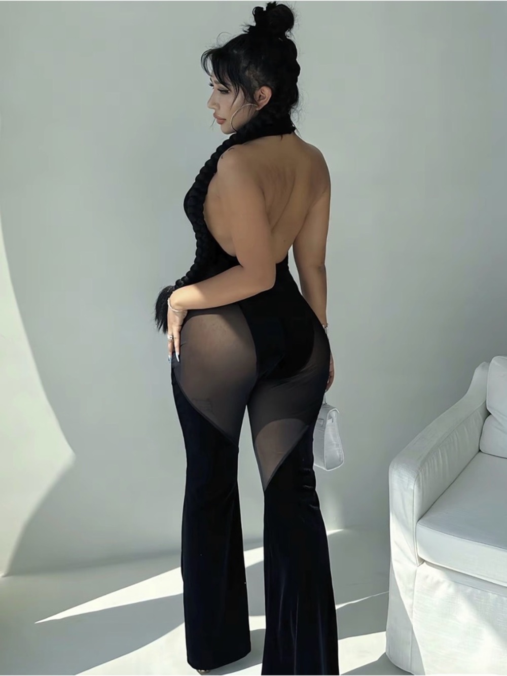 TIKTOK VIRAL SHEER BLACK HALTER JUMPSUIT FLARE LEG MESH L